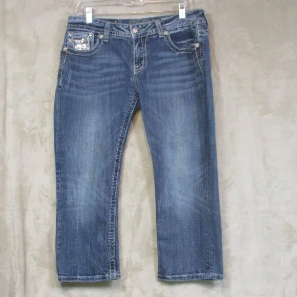 MISS ME Women's Denim Crystals Rhinestone Low Rise Cuffed Capri Blue Jeans 32 - Picture 2 of 9
